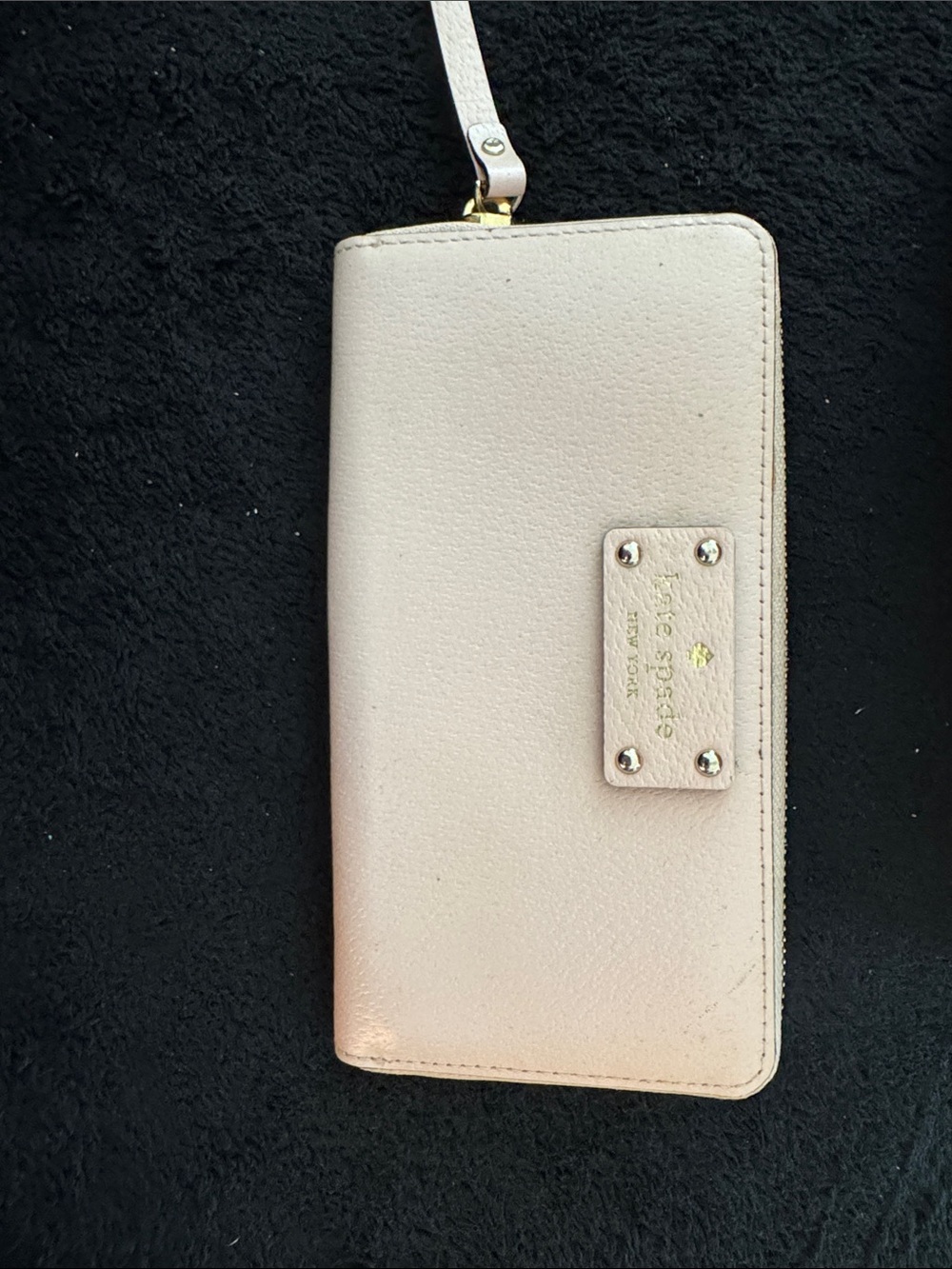 kate spade blush pink leather zip wristlet wallet with logo plaque